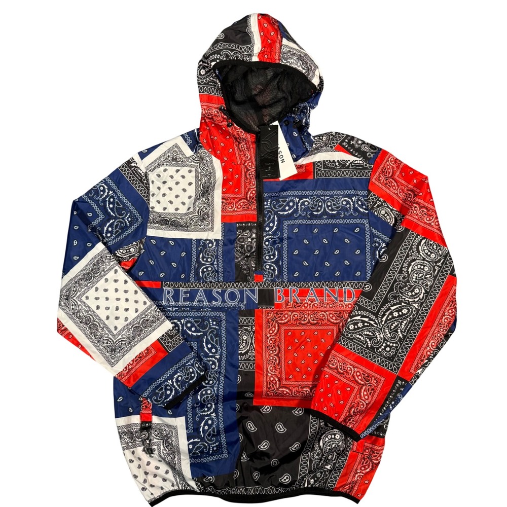Reason Brand Mens Windbreaker Jacket L Multi Bandana Paisley Patchwork H22-73
